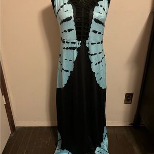 Tie dye turquoise and black halter maxi dress